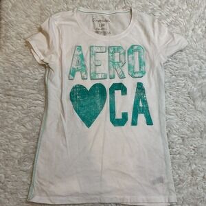 Aeropostale Aero CA Graphic Tee White Turquoise Y2K Baby Tee Size‎ L/G